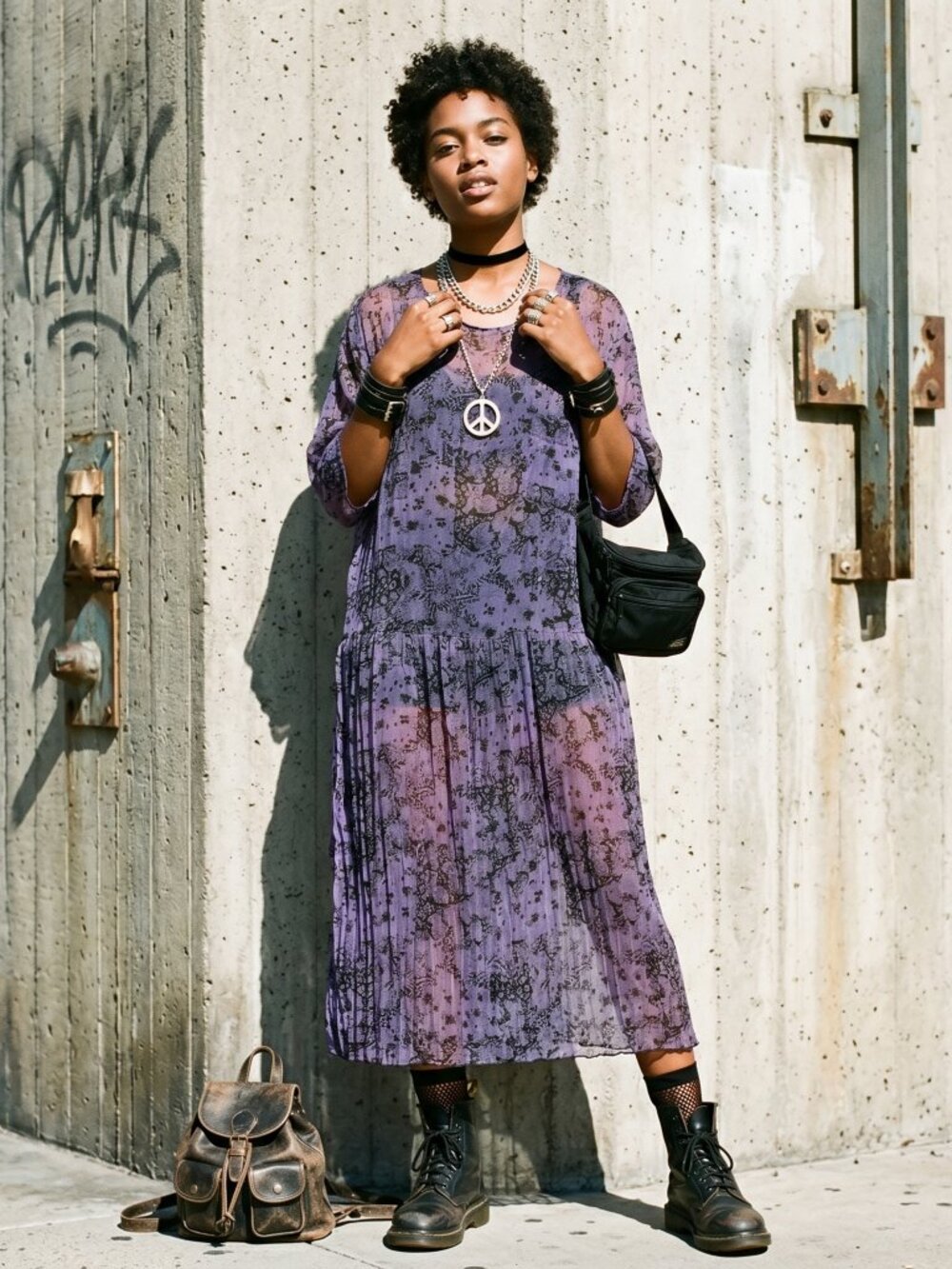 Vintage 1990s BoHo sheer, chiffon Elegant Purple Patterned Dress